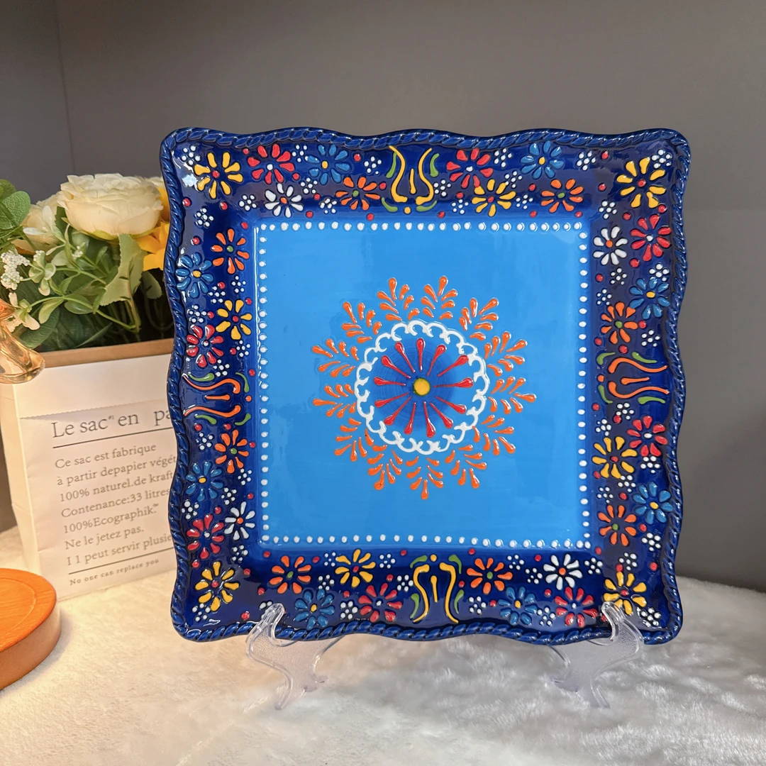 【土耳其堆料】手绘釉下彩手工复古陶瓷花边11英寸大方盘