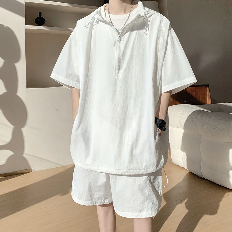 隐匿者夏季新款半拉链设计连帽短袖套装男港风百搭大码运动套装男