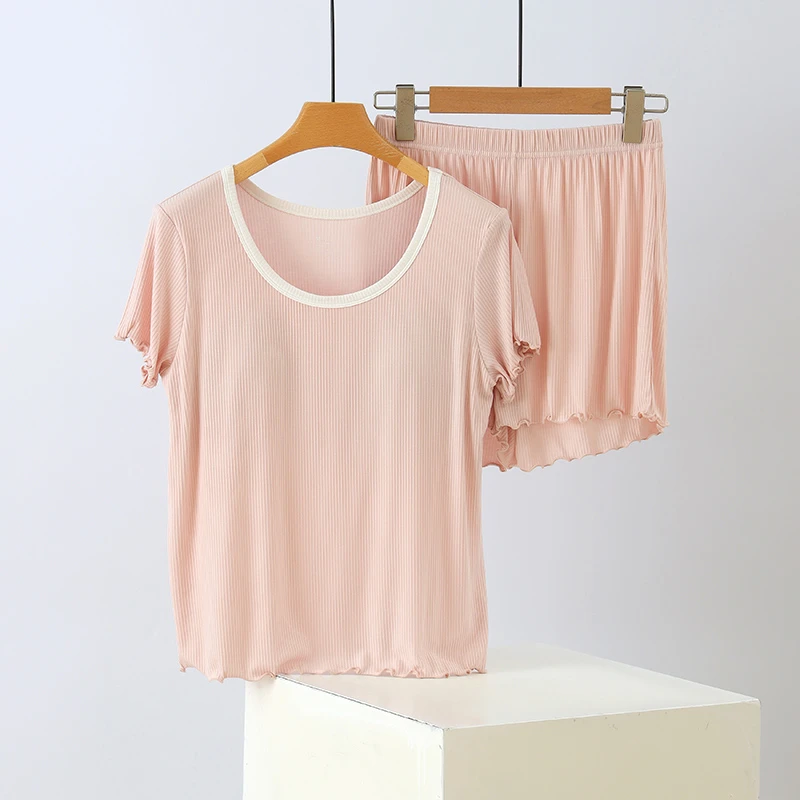 【陈三七】螺纹撞色密拷边短袖套装5971