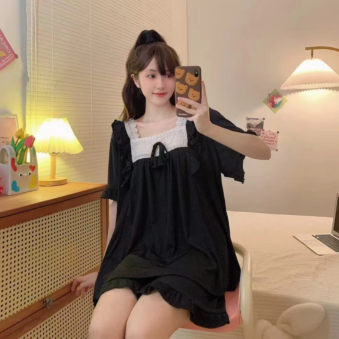 胖妹妹大码睡衣夏季莫代尔弹性蕾丝花边方领宽松可外传休闲睡衣