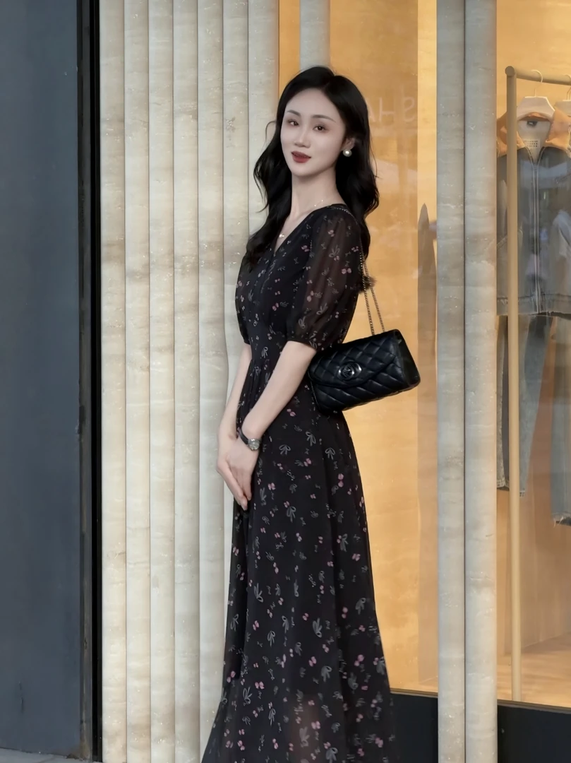 【紫幻蝶裳】新款短袖夏季度假风时尚气质显瘦碎花连衣裙长裙女款