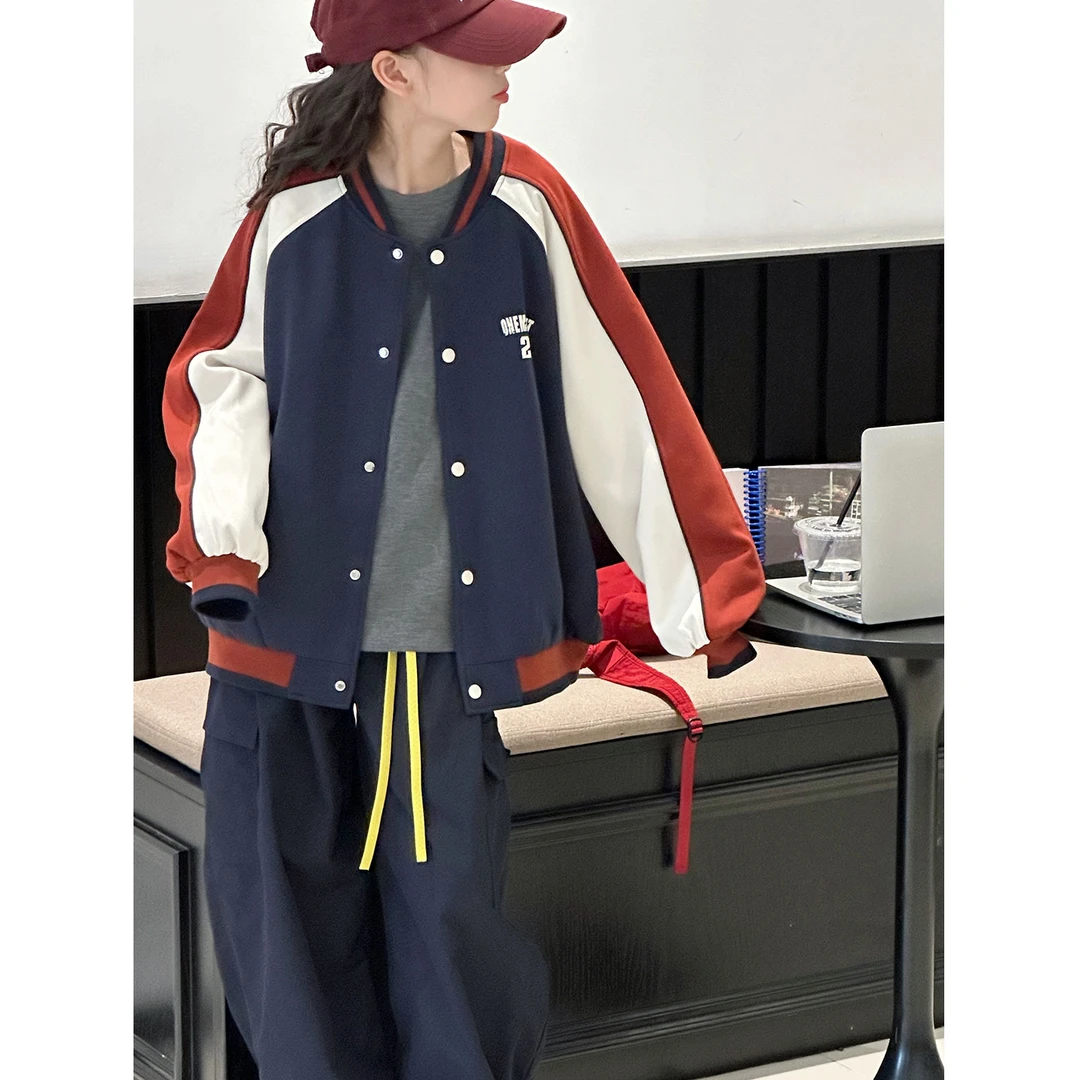 K29611孙小美复古撞色女童棒球服2025秋装新款儿童外套春秋上衣潮