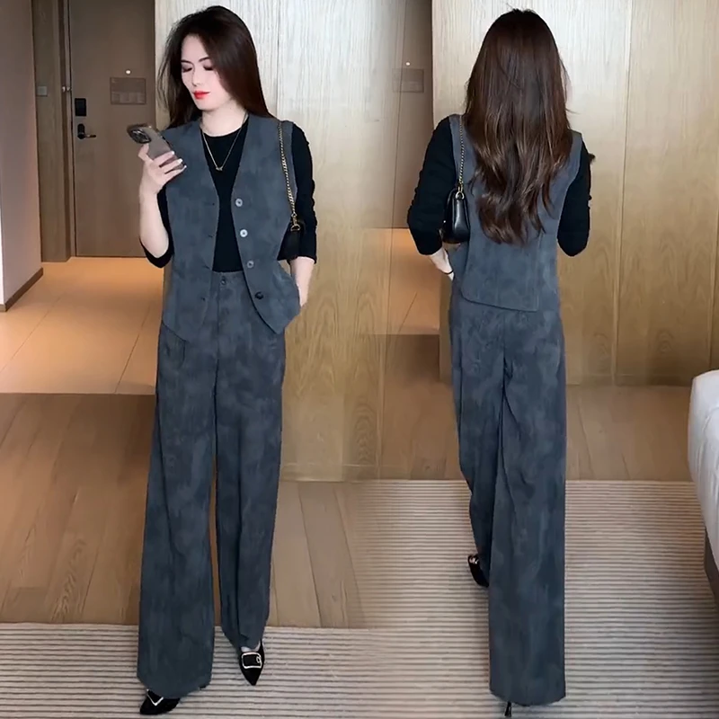 拉夏贝尔时尚洋气套装女2025秋季新款高级感无袖马甲阔腿裤两件套