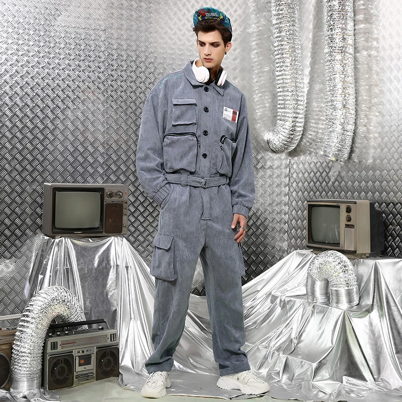 绣花贴布环扣腰带灯芯绒格雷系工装连体裤