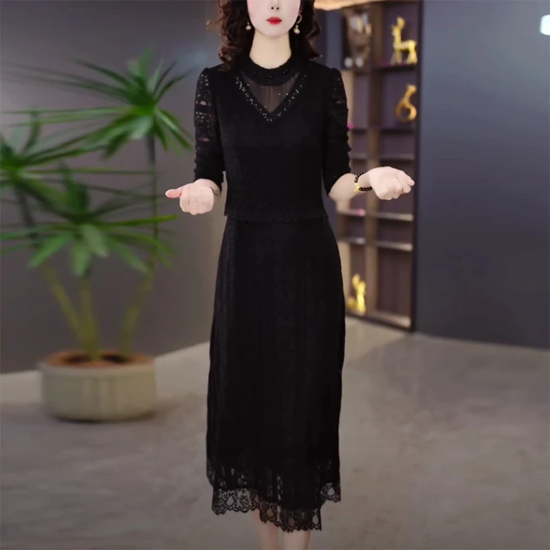 秋季轻奢气质百搭收腰显瘦修身减龄黑色女士轻熟风中长款连衣裙--