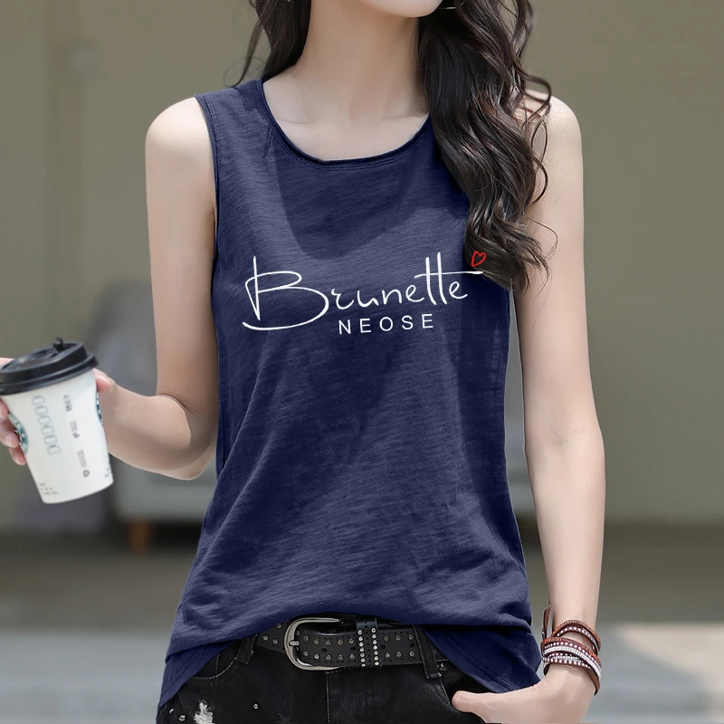 宽松竹节棉纯棉卷边圆领无袖t恤女士夏季印花时尚洋气韩版背心女