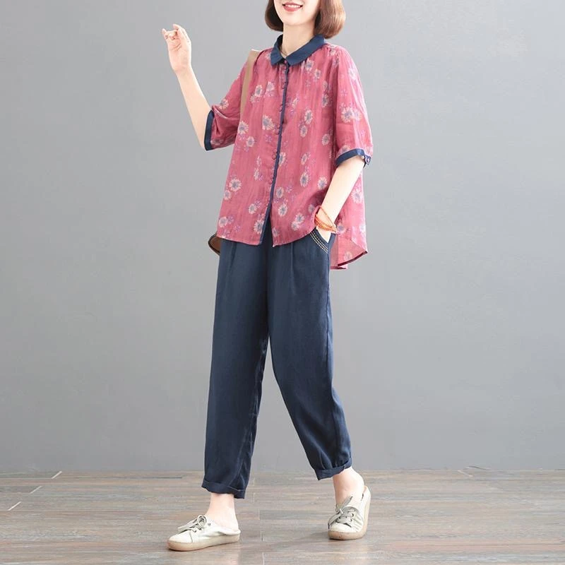 CH#5070 新款韩版大码显瘦印花文艺复古两件套时髦夏季套装女