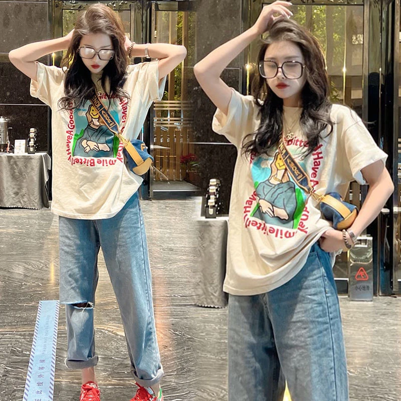 2025夏季蒙娜丽莎印花纯棉简约短袖上衣女新款休闲撞色圆领T恤潮