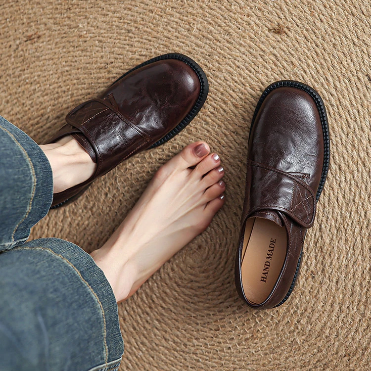 里外羊皮3cm～圆头低跟百搭单鞋英伦风百搭软底乐福鞋春秋复古粗跟