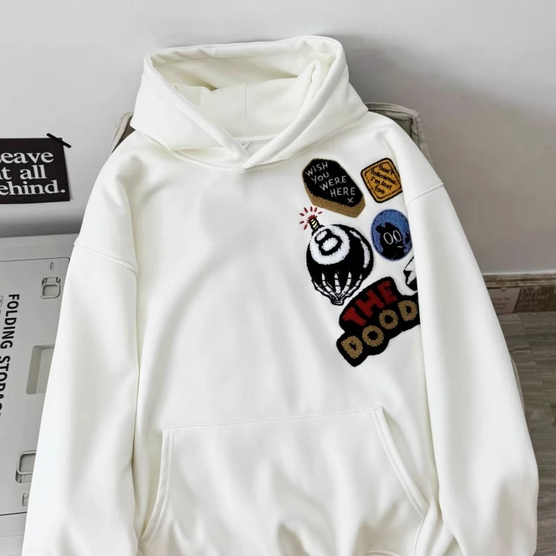 百搭卫衣春秋休闲加绒连帽韩版印花秋季秋冬刺绣宽松加厚长袖