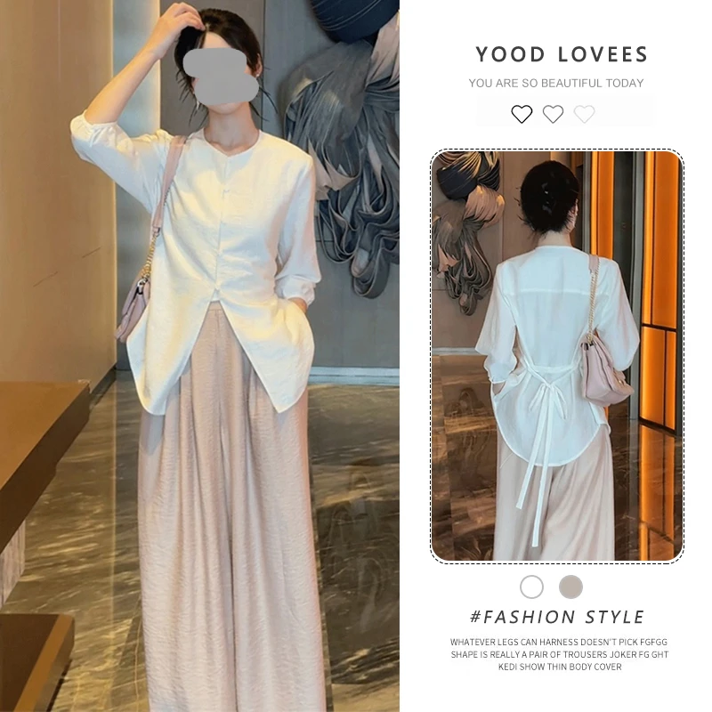 2025夏季新款高级感时尚气质白色圆领衬衫粉色宽松阔腿裤两件套