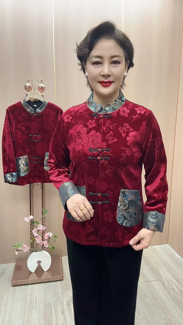 WJ#加绒开衫衣长65 中老年女装妈妈装新中式国风立领盘扣加绒开衫