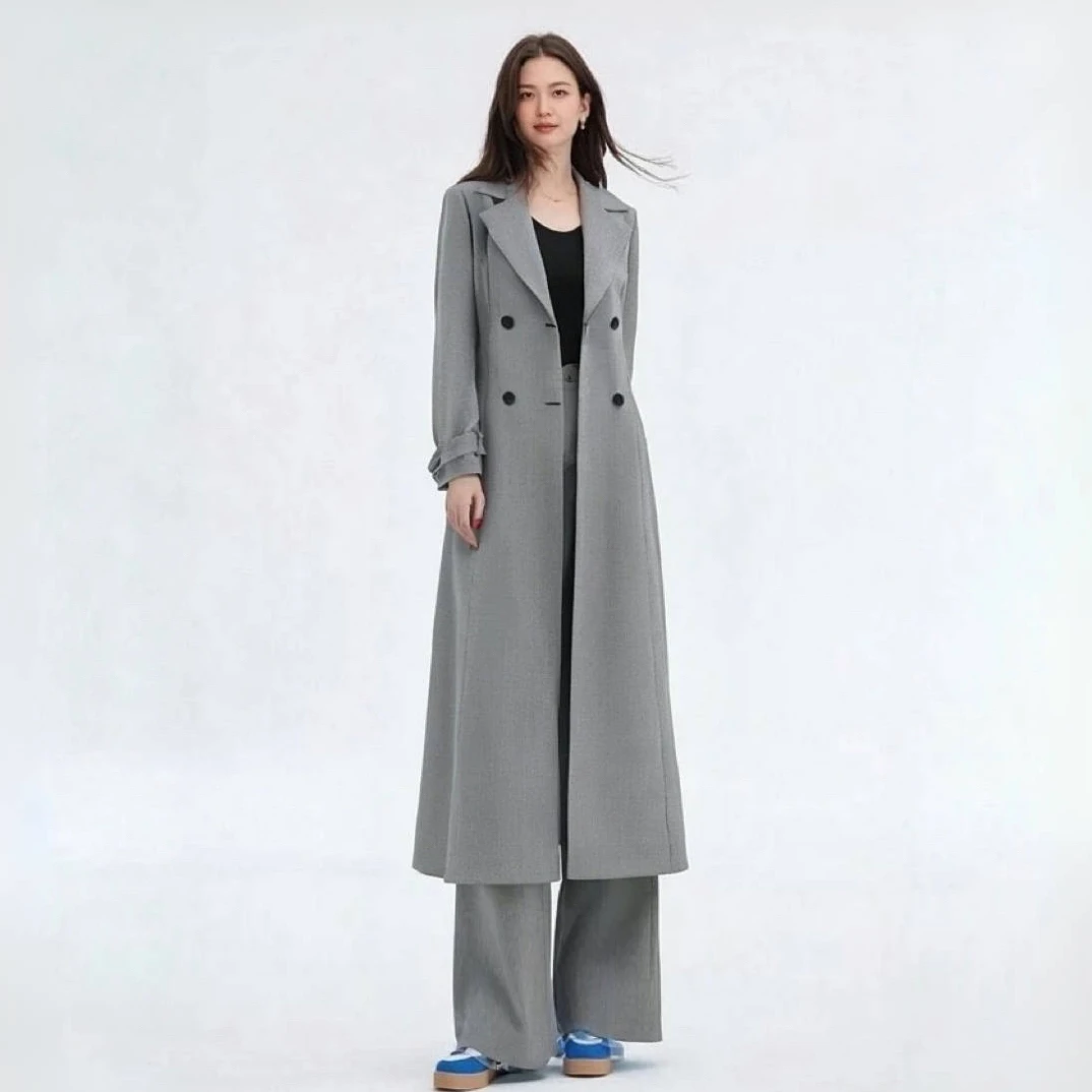 高级灰小千鸟格风衣外套女新款流行长款过膝大衣气质修身显瘦大衣