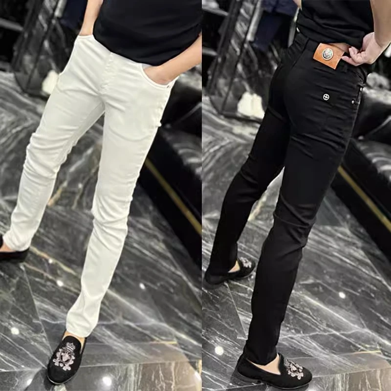 秋季弹力牛仔裤男士网红紧身潮牌白色商务休闲小脚裤欧货修身长裤