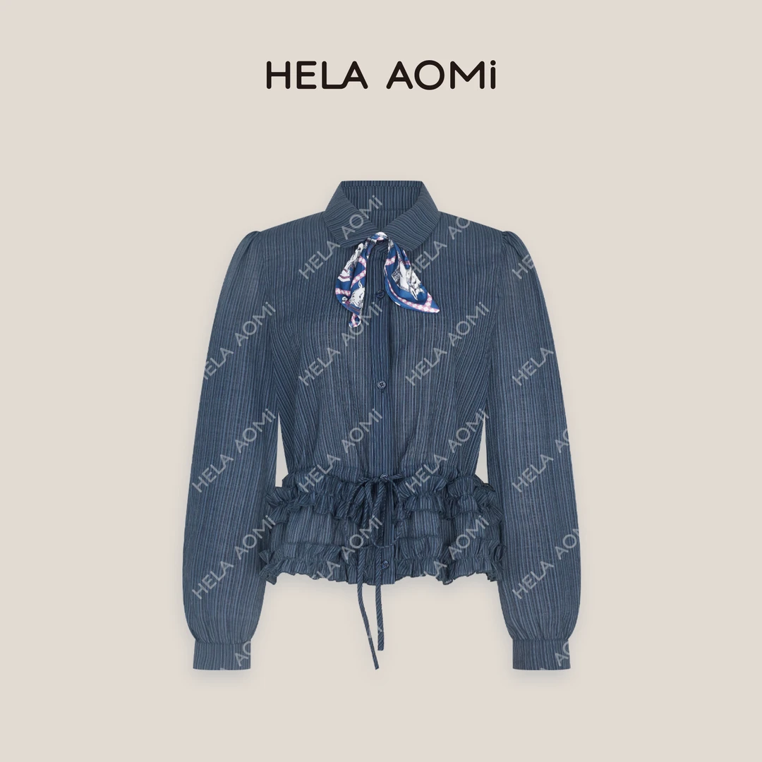 HELAAOMI “青衫蓝畔”65%莱赛尔复古优雅设计感系带修身长袖衬衫