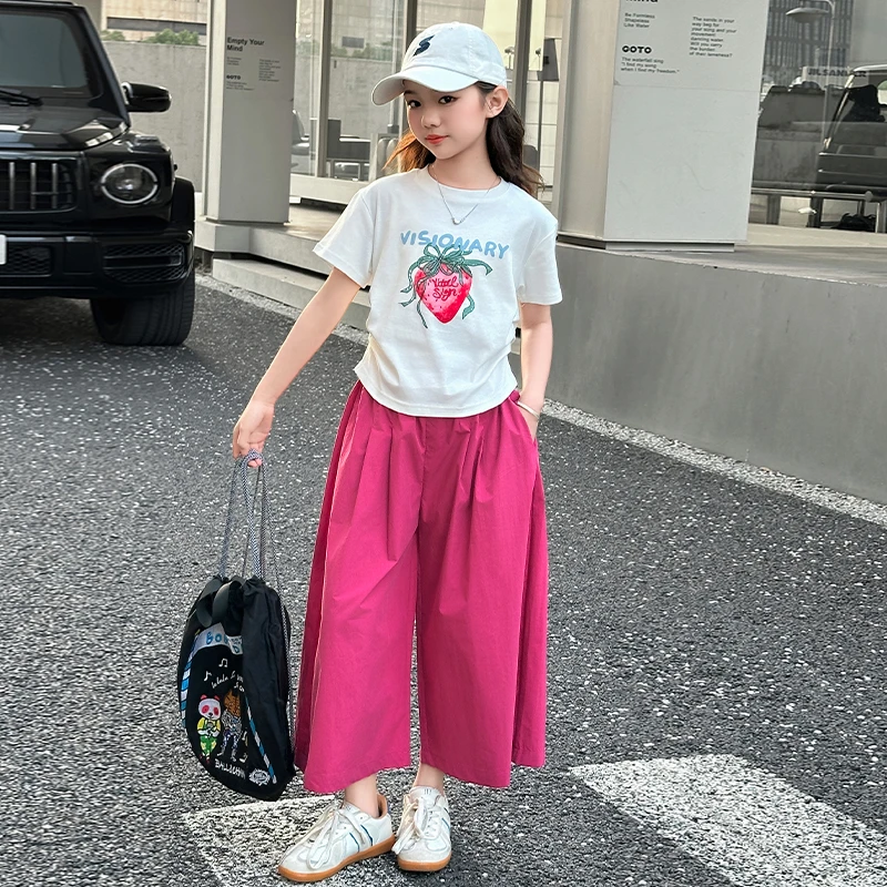 女童夏季套装2025新款女孩夏装短袖白T九分阔腿裤儿童田园风套装