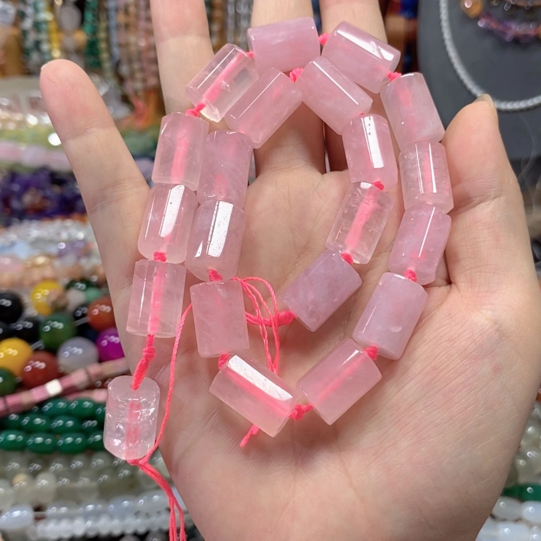 玛瑙/玉髓合金珠宝半成品天然粉晶桶珠一条卡12*17mm