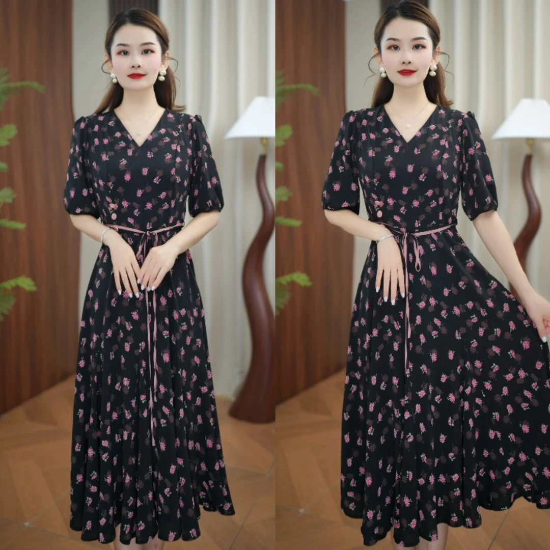 Z001女装连衣裙碎花显瘦夏季中长款裙子