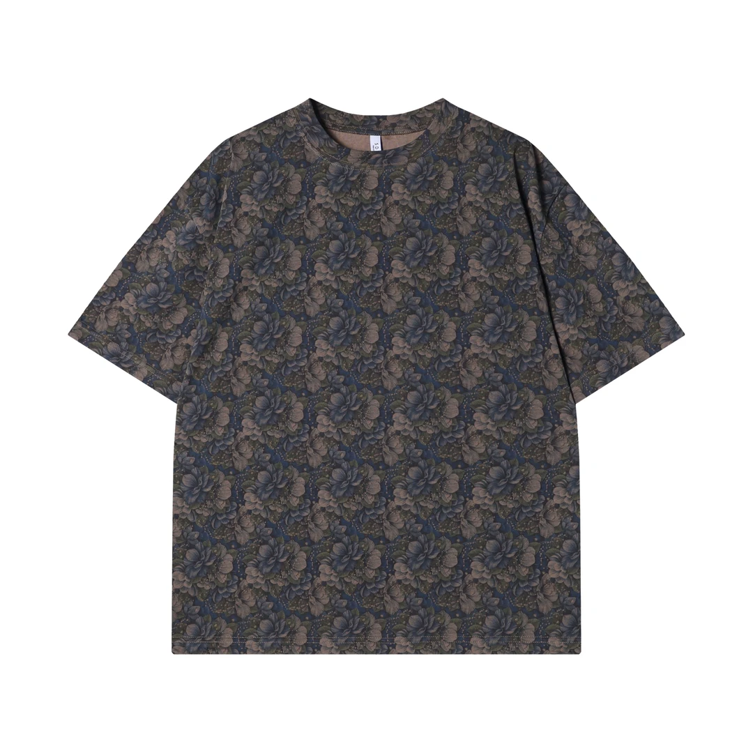 夏季新款时尚个性韩版撞色满印花卉圆领短袖T恤百搭宽松潮流上衣