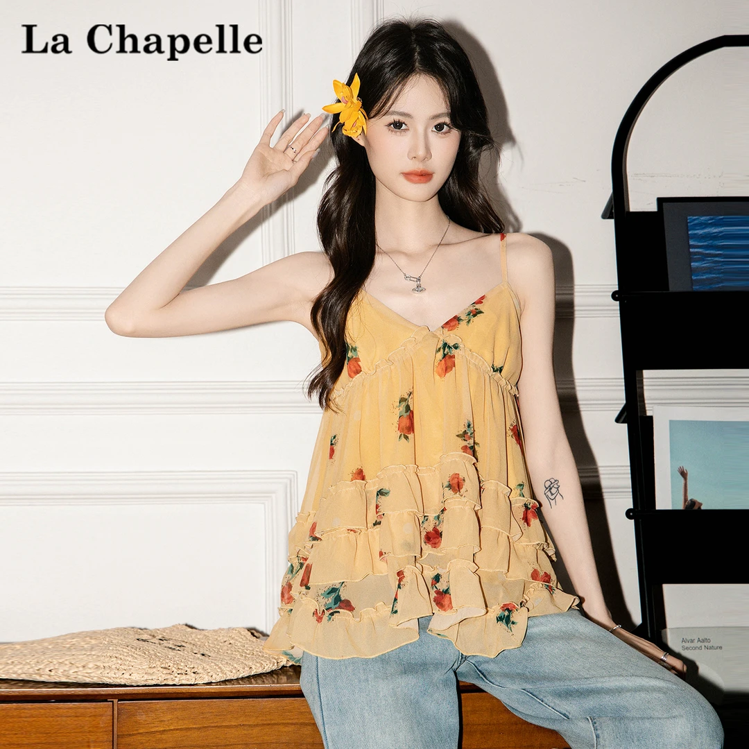 拉夏贝尔2025夏季新款碎花雪纺吊带背心裙女度假风无袖美背上衣潮