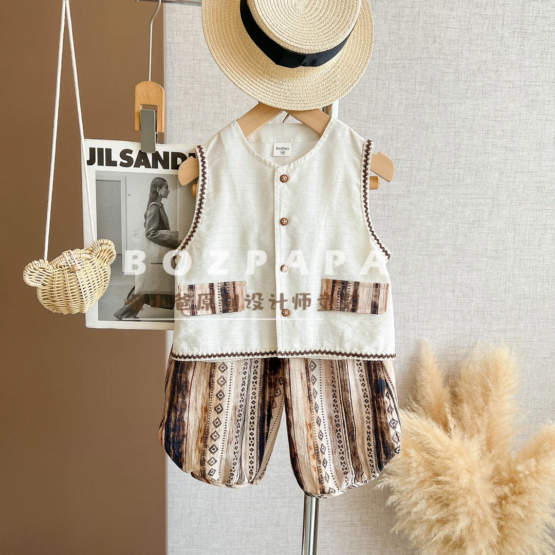 现货定制【跳跃火花】2025夏季男童韩系民族风口袋拼接圆领背心套装