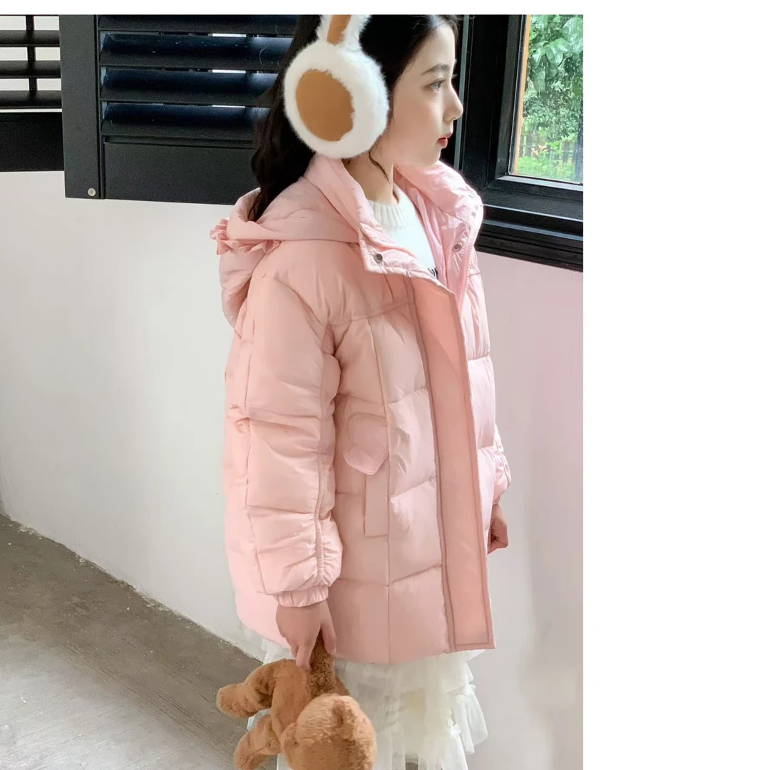 A243女童中长款木耳边爱心小口袋时尚精致冬季外套