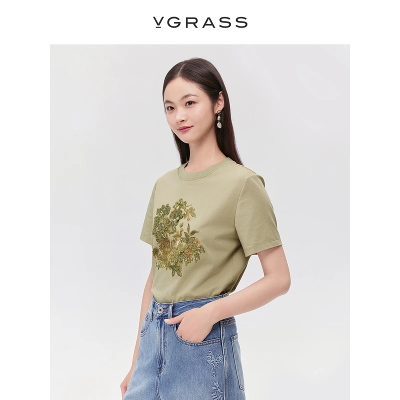 VGRASS重工花型刺绣100%棉T恤夏季新款微宽松短袖上衣VST1P2271A