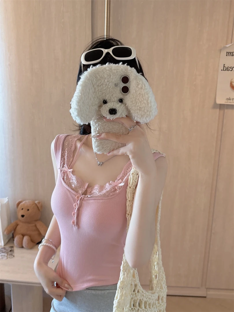 945#夏季修身带胸垫挂脖蕾丝吊带背心内搭女外穿纯欲甜美打底衫