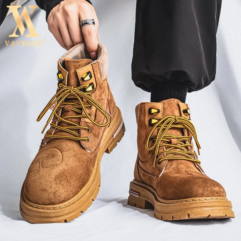 马丁靴男款冬季高帮厚底工装短靴男士复古增高棕色男士纯色马丁靴