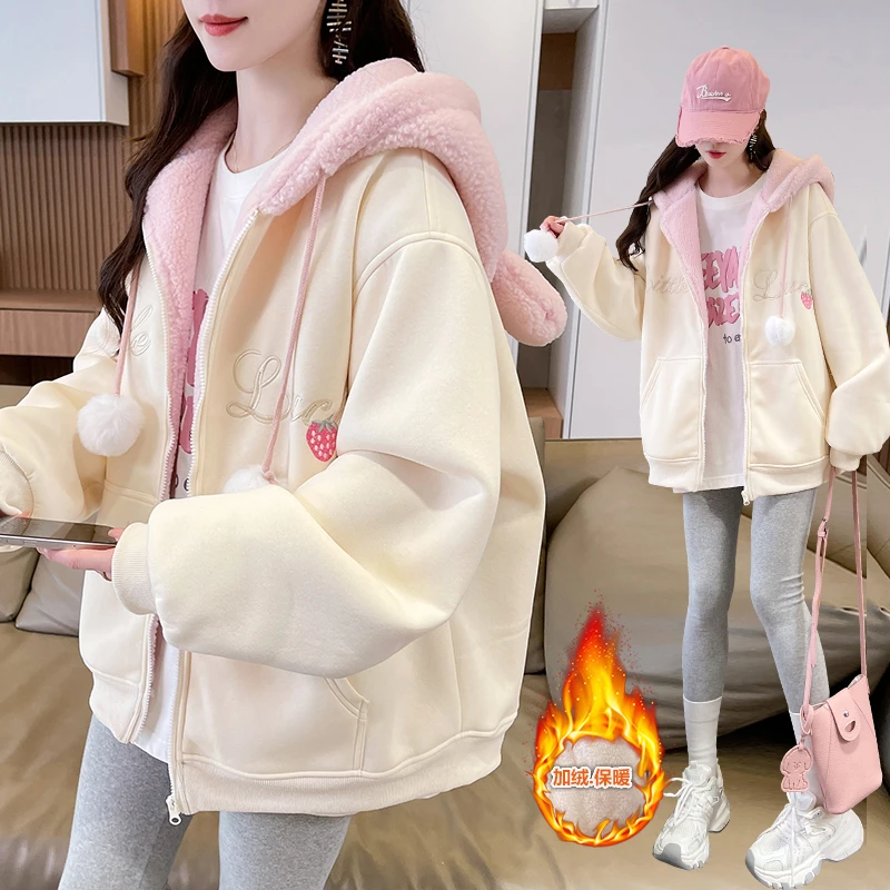 韩系加绒加厚羊羔毛外套少女冬季新款初中高中学生大童保暖棉服潮