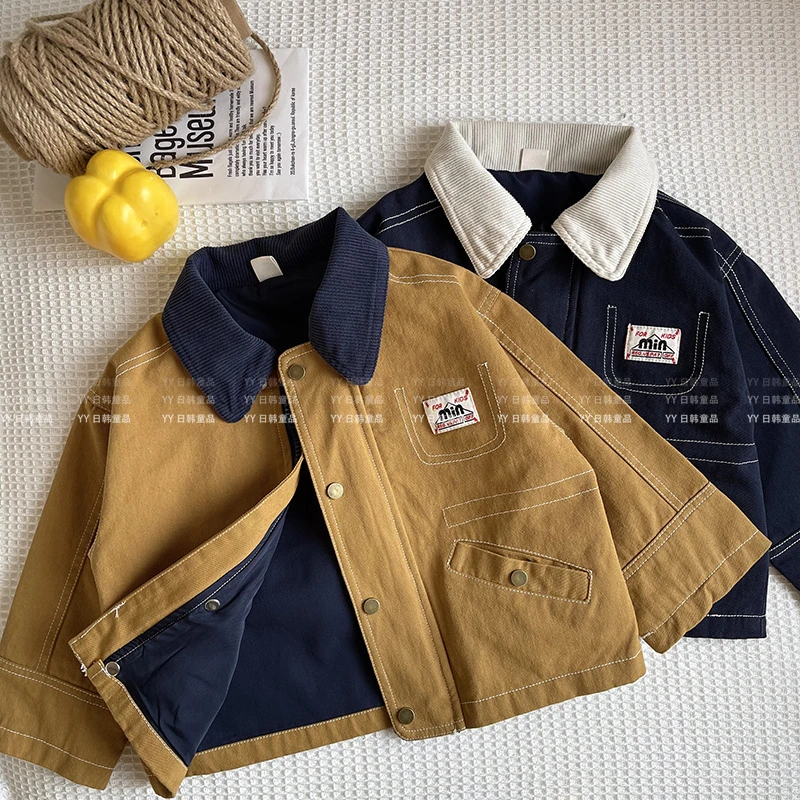 Y.Ystudio-儿童春季棉布外套男女童立领刺绣外套宝宝纯色棉布夹克