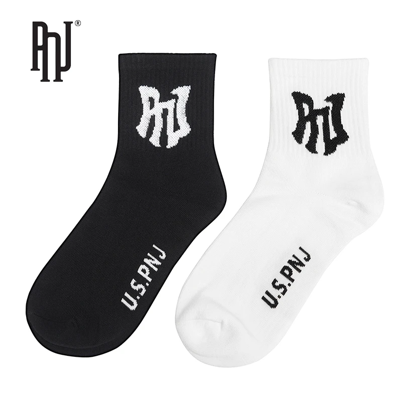 PNJ字母中筒成人常规款透气运动袜时尚长筒长袜嘻哈ins个性休闲袜