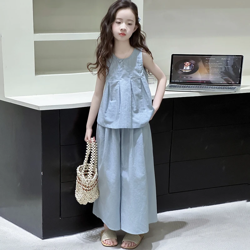 女童夏季无袖套装2025新款洋气中大童韩系网红上衣夏装儿童阔腿裤