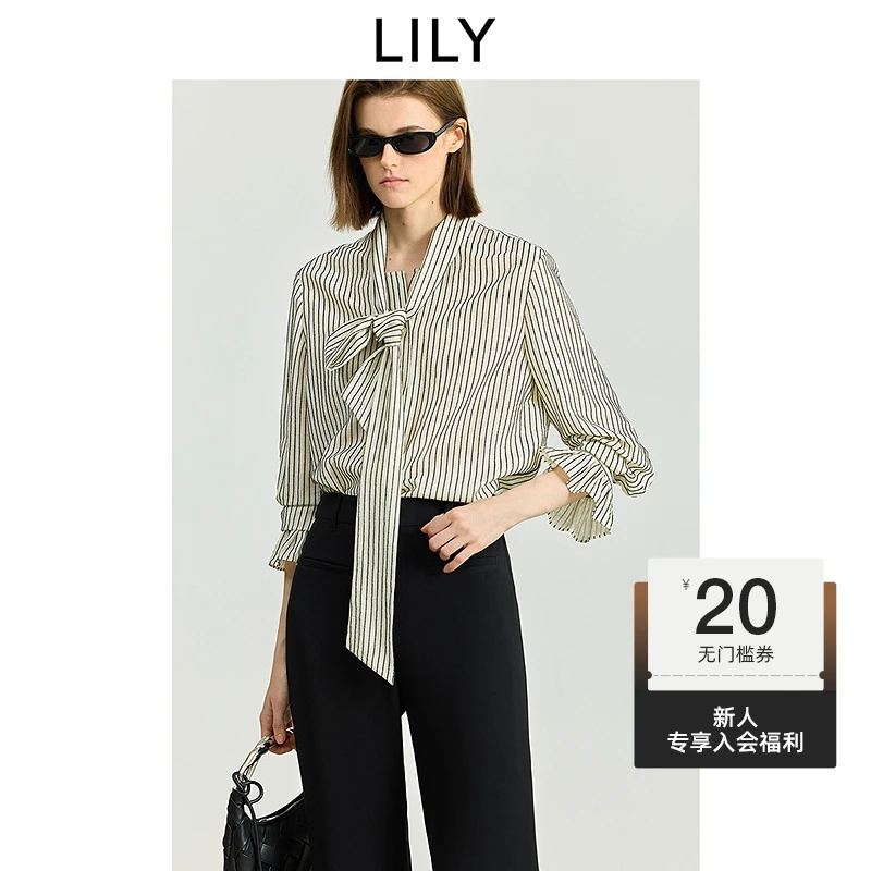 【流光风】LILY2025秋新款含亚麻细条纹飘带领套头衬衫125329C4939