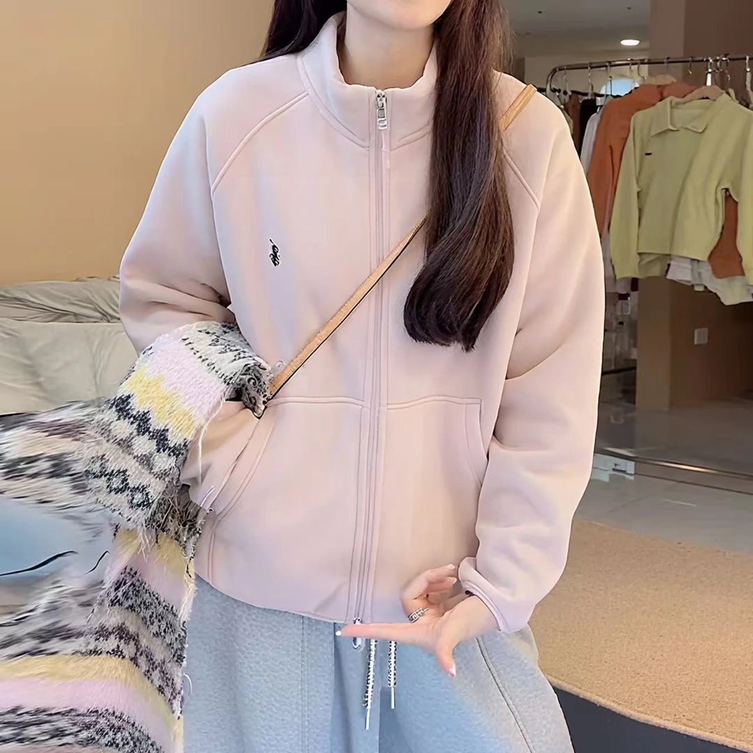 2025秋冬新款加绒保暖开衫立领卫衣女韩版时尚洋气加厚上衣外套潮