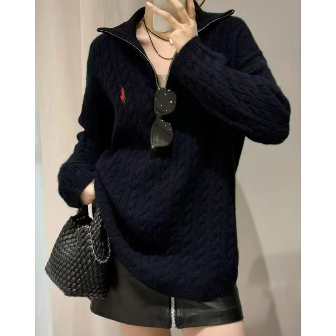 100%山羊绒休闲开衫毛针织衫百搭翻领刺绣厚款冬季套头羊绒衫上衣