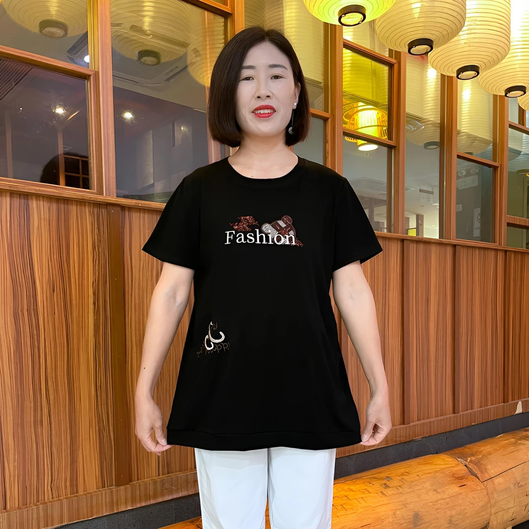 夏季T恤韩版印花有口袋中长款短袖吸汗百搭大码休闲时尚上衣