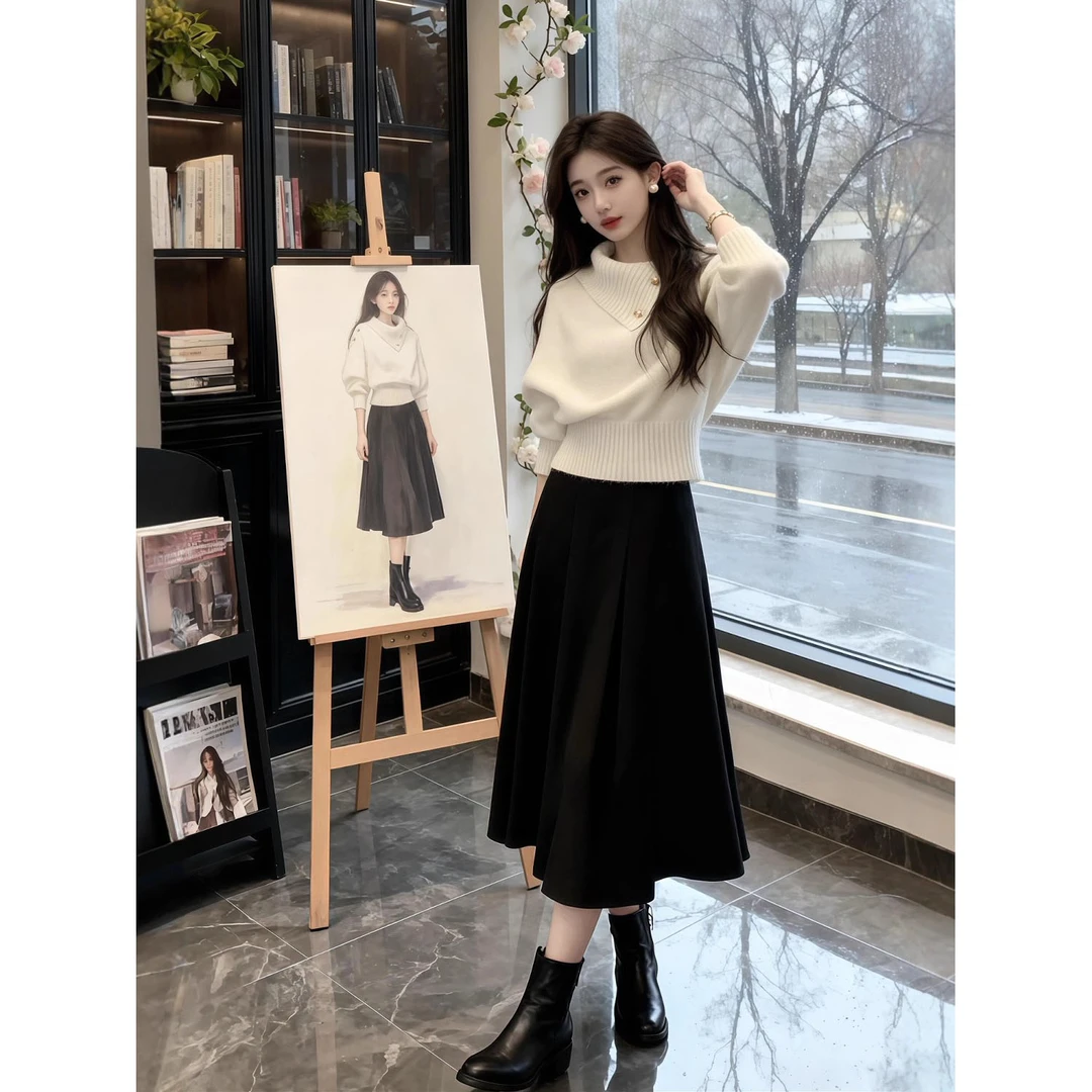法式气温柔风针织套装女秋冬季高领气质套头毛衣高腰半身裙两件套