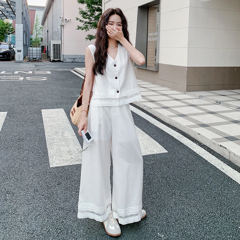 新款拼接V领短袖白色长裤两件套2025夏季纽扣SMLXL
