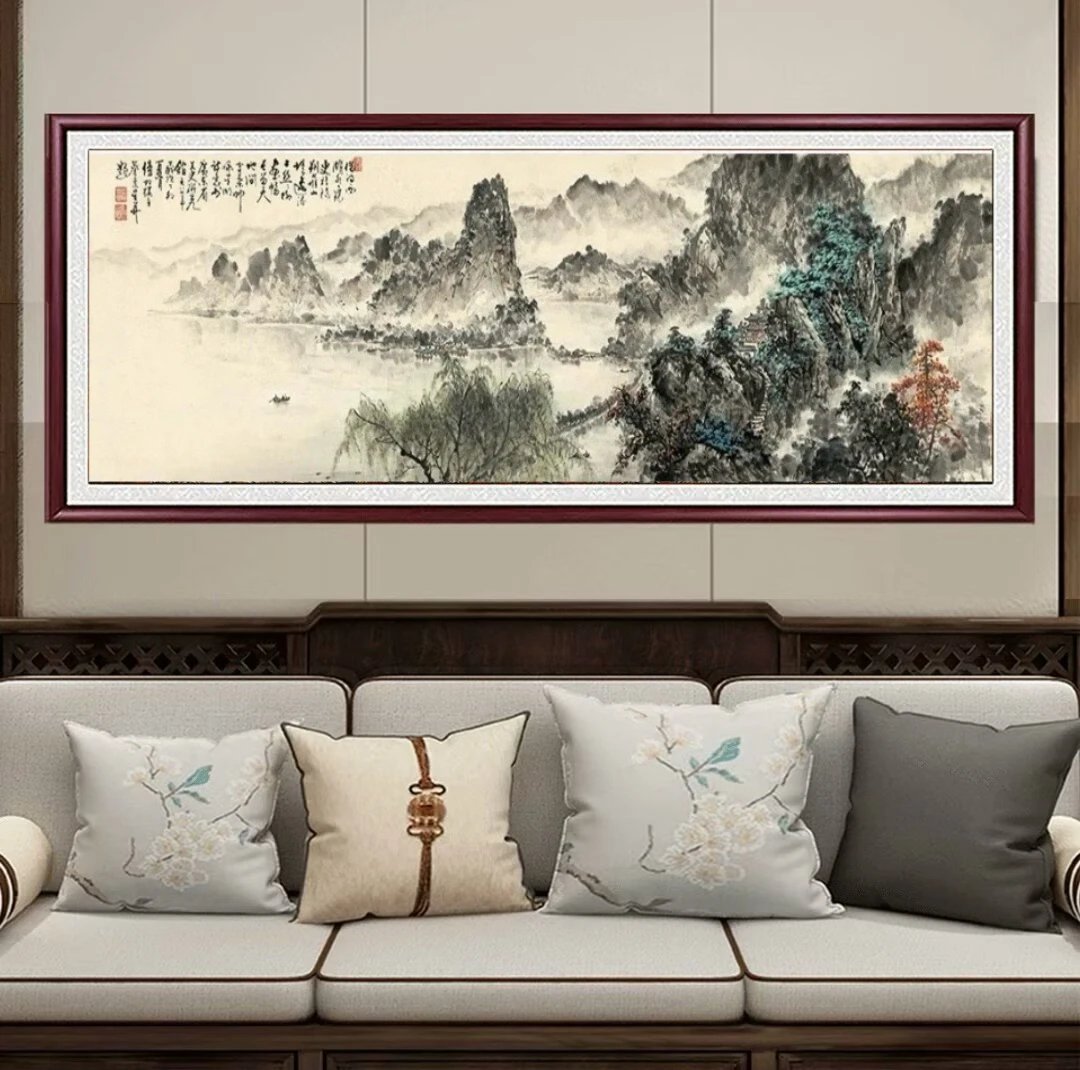 借问西湖带框国画山水画客厅办公室招财实木框背景墙壁画
