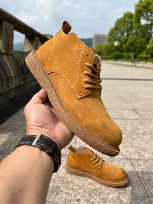 头层牛皮耐磨圆头工装风短靴男士马丁靴防滑工装靴男鞋高帮鞋系带