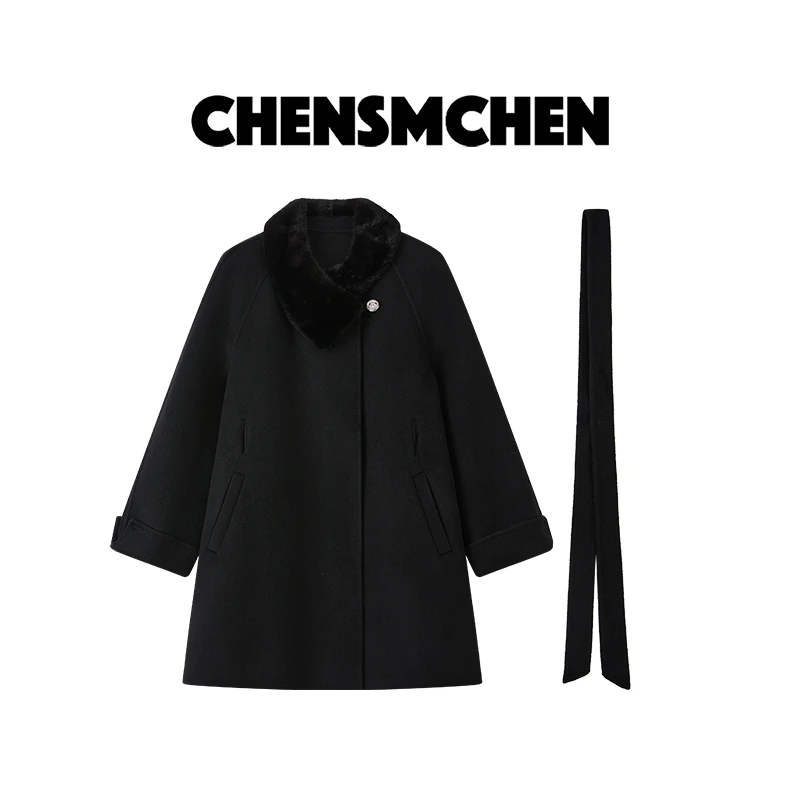 CHENSMCHEN 绵羊毛水貂领毛呢大衣女时尚优雅百搭外套CSD9623YW