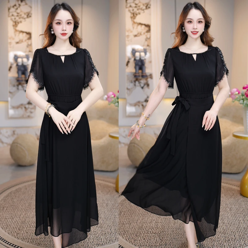 [墨影涟漪]短袖连衣裙夏季2025新款收腰显瘦气质高端上档次A字裙