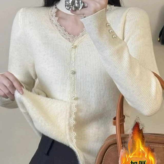 秋冬法式挂脖小心机蕾丝领毛衣女保暖一体绒针织打底衫修身内搭