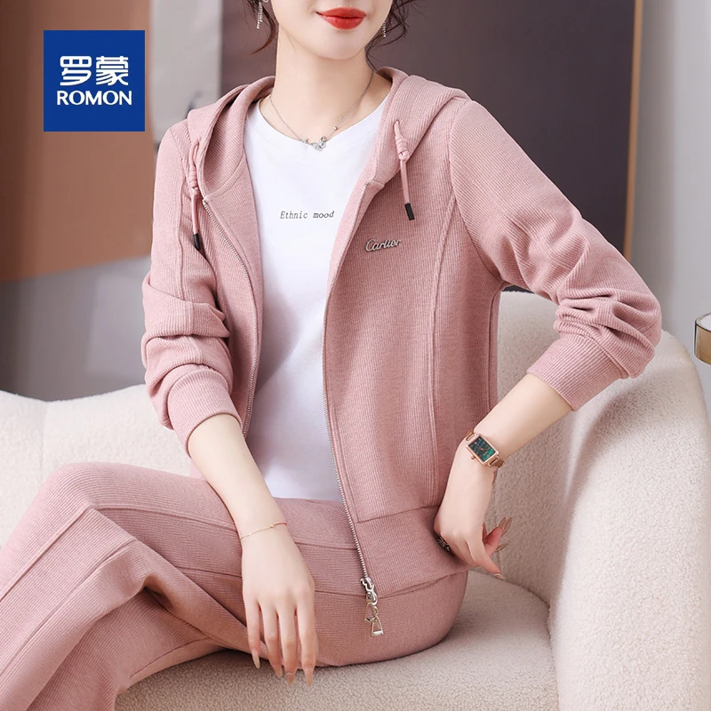 罗蒙高级感条绒运动服套装女春秋妈妈减龄外套连帽卫衣休闲两件套