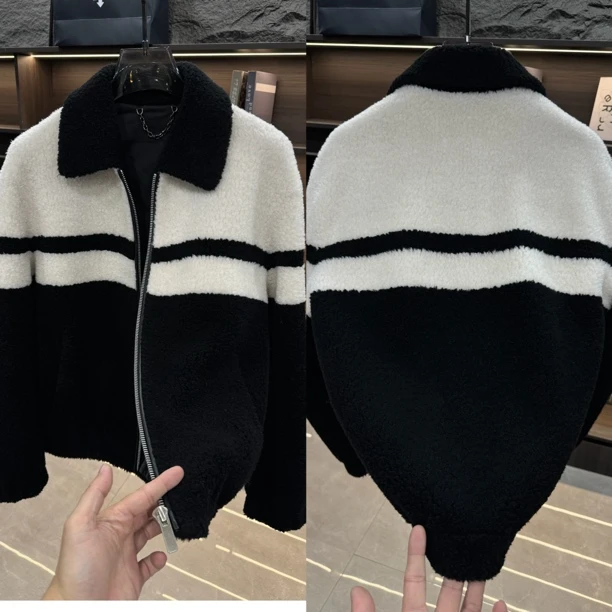 25137-冬季男士100%羊毛欧品时尚秋冬外套保暖舒适拼接羊皮