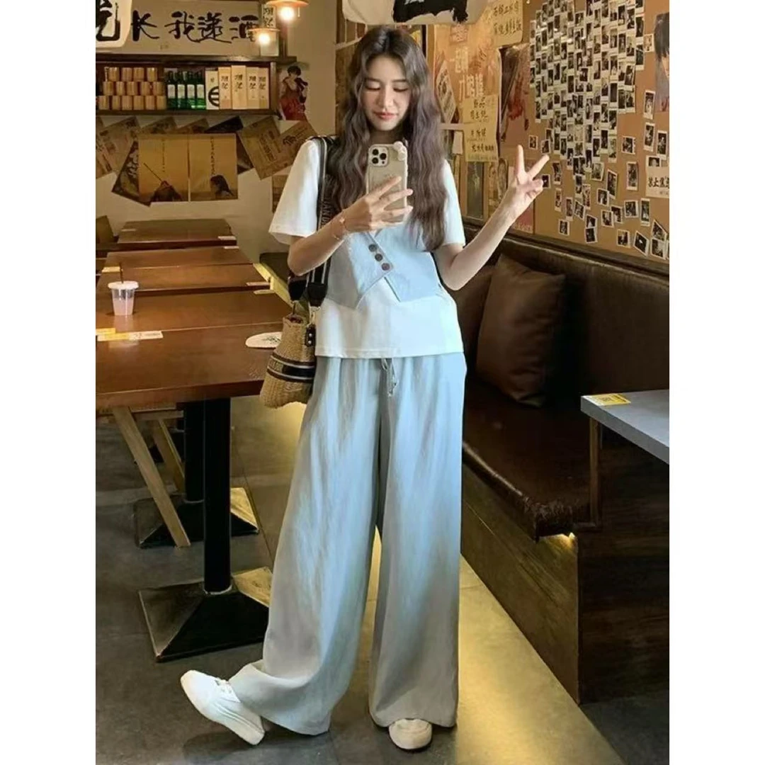 遮肉减龄小香风马甲半袖阔腿裤显瘦三件套