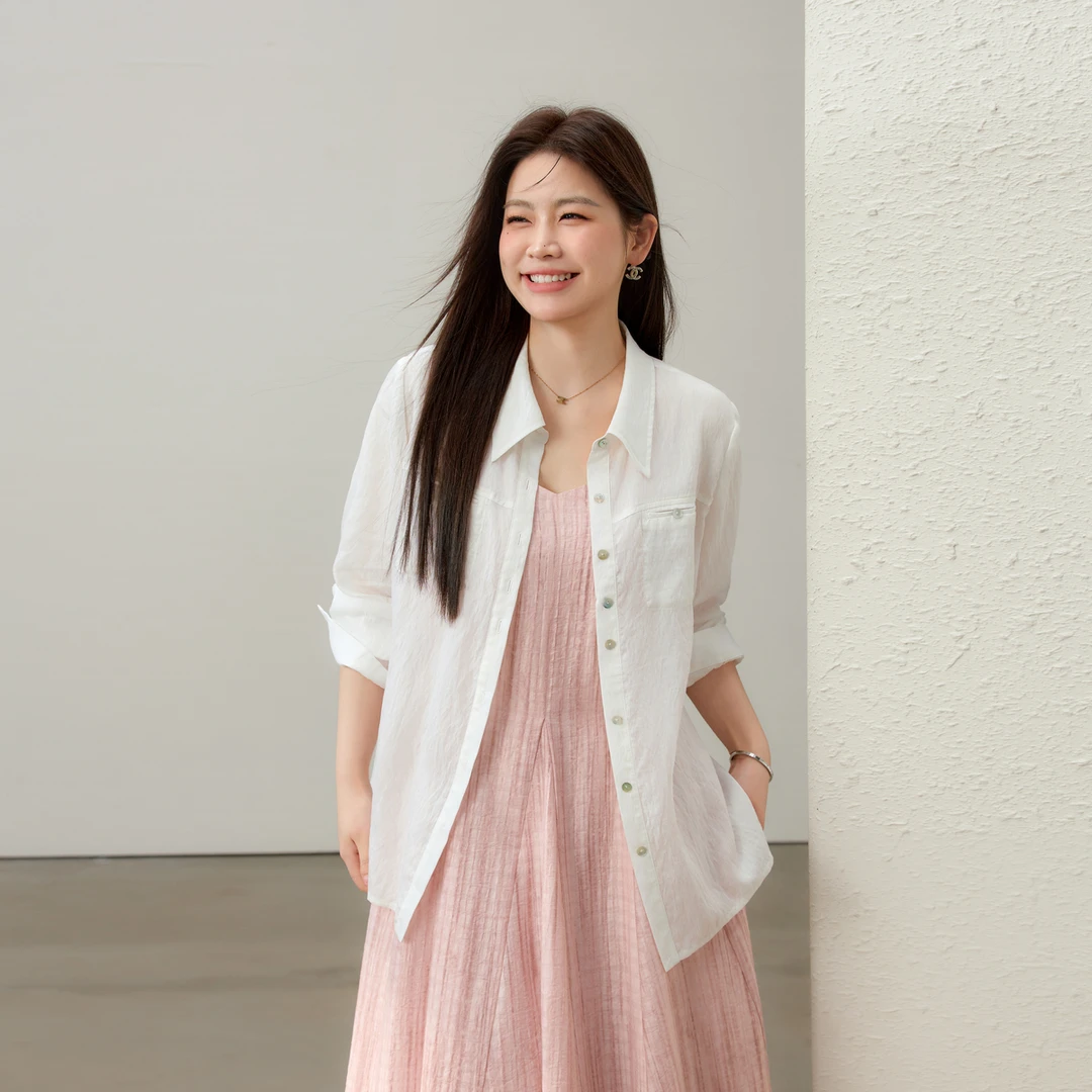 【慵懒左岸】纤莉秀W大码女装法式莱赛尔亚麻混纺开叉衬衫QK1830