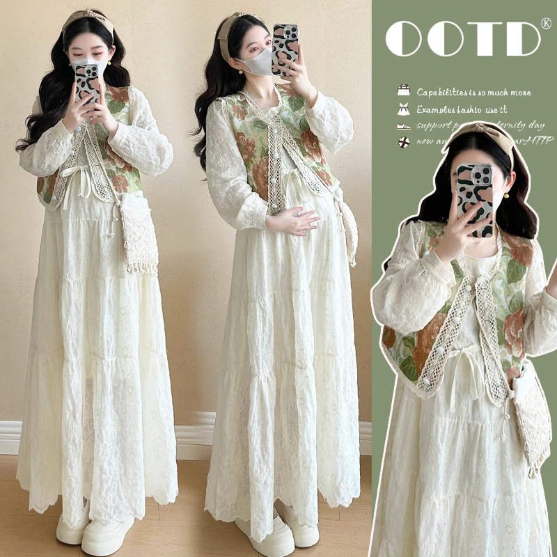 孕妇套装2025春季新款法式时尚甜美刺绣花朵马甲重工绣花款连衣裙