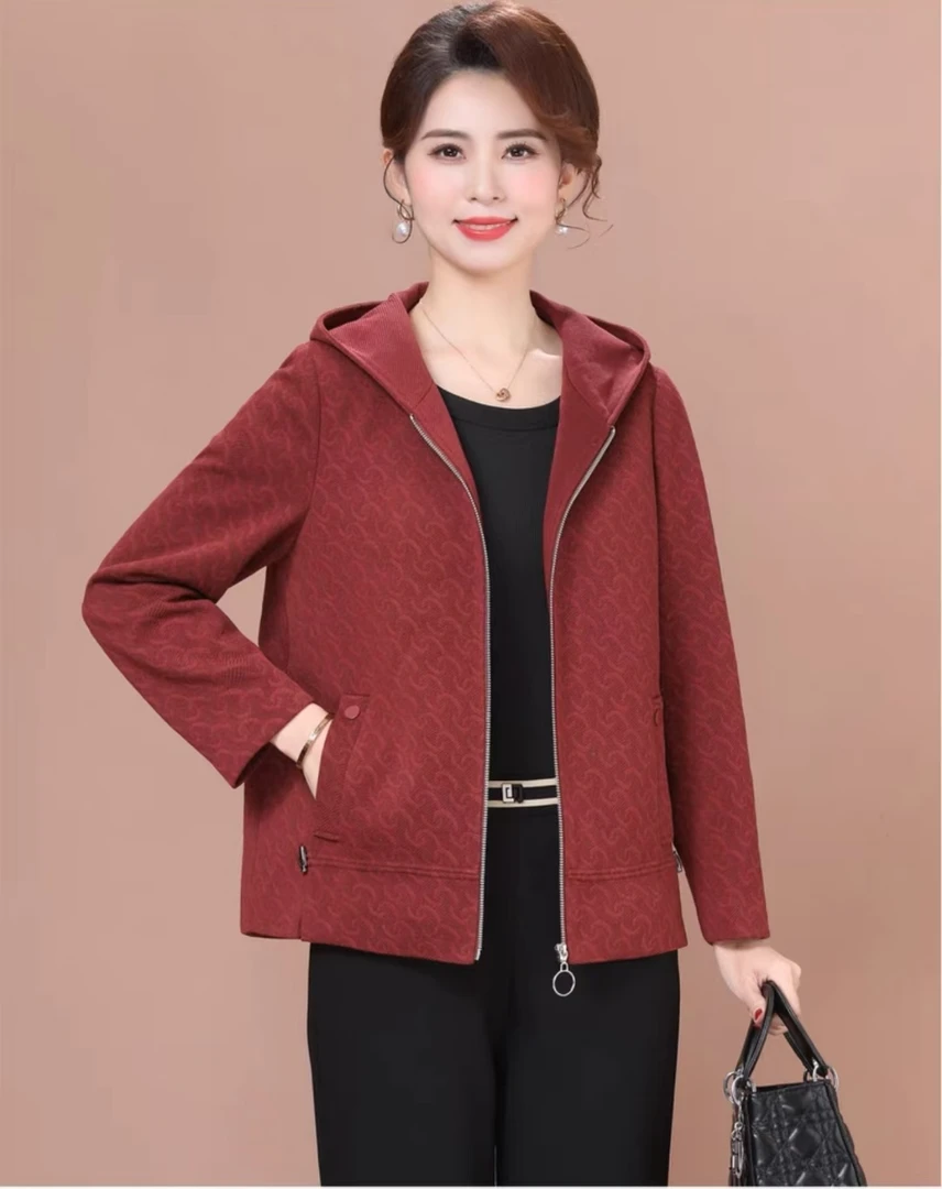 连帽暗花加里衬中老年宽松大码休闲外套洋气上衣